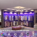 Aheaplus Industrial Pipe Clothing Rack, Reversible 79.7” Clothes Rack for Hanging Clothes, Heavy Duty Garment Racks Closet Wardrobe with LED Lights& Shelves, Walk-in Closet System, Black